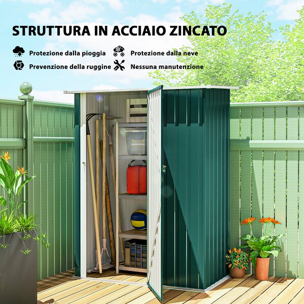 Outsunny Casetta da Giardino con Tetto Inclinato e Porta Bloccabile, Capanno Porta Attrezzi in Metallo, 142x86x189 cm, Verde | Aosom Italy