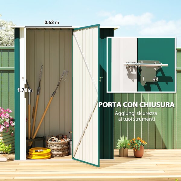 Outsunny Casetta da Giardino con Tetto Inclinato e Porta Bloccabile, Capanno Porta Attrezzi in Metallo, 142x86x189 cm, Verde | Aosom Italy