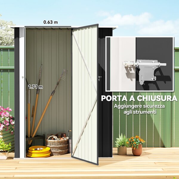 Outsunny Capanno Porta Attrezzi in Metallo con Tetto Inclinato e Porta Bloccabile, 142x86x189 cm, Grigio Scuro | Aosom Italy