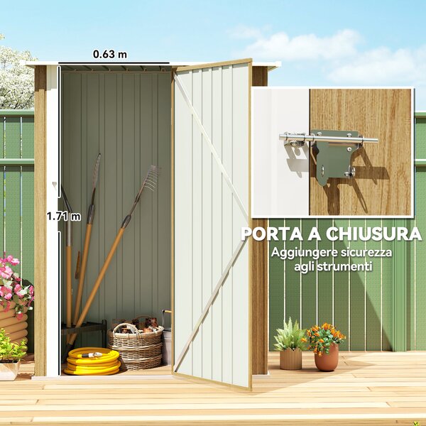 Outsunny Capanno Porta Attrezzi in Metallo con Tetto Inclinato e Porta Bloccabile, 142x86x189 cm, color Legno | Aosom Italy