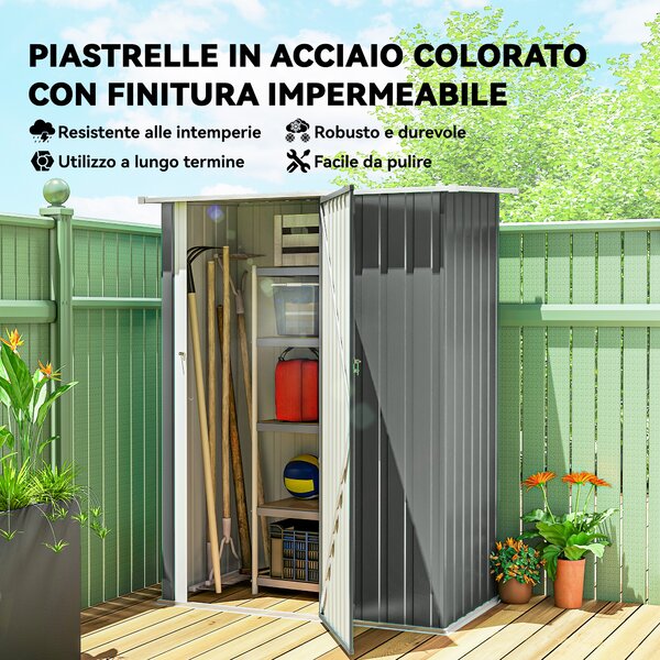 Outsunny Capanno Porta Attrezzi in Metallo con Tetto Inclinato e Porta Bloccabile, 142x86x189 cm, Grigio Chiaro | Aosom Italy