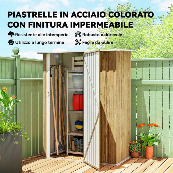 Outsunny Capanno Porta Attrezzi in Metallo con Tetto Inclinato e Porta Bloccabile, 142x86x189 cm, color Legno | Aosom Italy