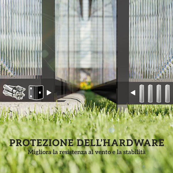 Outsunny Serra per Orto in PC e Alluminio con Porta a Battente e 2 Finestre Regolabili, 304x247x205 cm, Nero | Aosom Italy