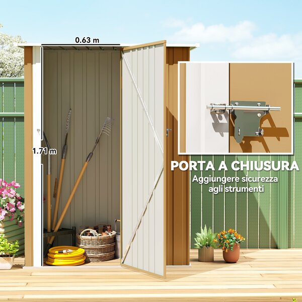 Outsunny Casetta da Giardino con Tetto Inclinato e Porta Bloccabile, Capanno Porta Attrezzi in Metallo, 142x86x189 cm, Giallo | Aosom Italy