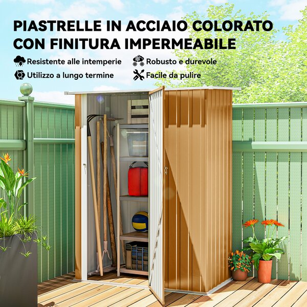 Outsunny Casetta da Giardino con Tetto Inclinato e Porta Bloccabile, Capanno Porta Attrezzi in Metallo, 142x86x189 cm, Giallo | Aosom Italy