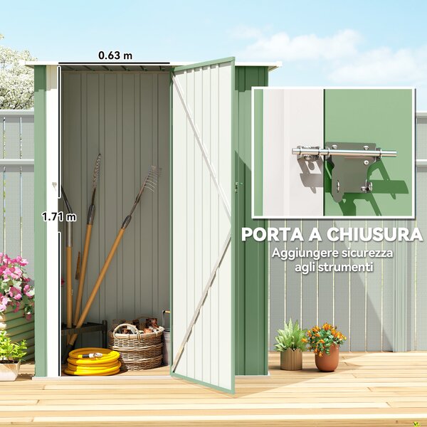 Outsunny Capanno Porta Attrezzi in Metallo con Tetto Inclinato e Porta Bloccabile, 142x86x189 cm, Verde Chiaro | Aosom Italy