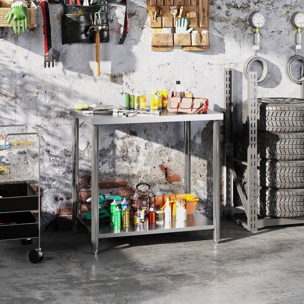 HOMCOM Tavolo da lavoro in acciaio inox 2 ripiani, per cucina, garage, giardino, 90 x 60 x 86 cm, argentato
