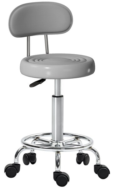HOMCOM Sgabello con ruote, girevole e regolabile con schienale, rivestimento in ecopelle, poggiapiedi, Grigio | Aosom Italy