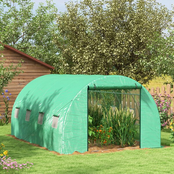 Outsunny Serra da Giardino Tunnel 12 m² 4L x 3l x 2H m Acciaio rinforzato + PE Alta densità 140 g/m² 8 finestre Porta avvolgibile Verde