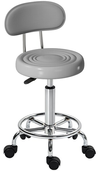 HOMCOM Sgabello con ruote, girevole e regolabile con schienale, rivestimento in ecopelle, poggiapiedi, Grigio | Aosom Italy