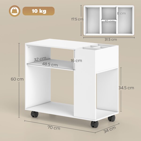 HOMCOM Mobile porta stampante con scomparto e ripiani, per ufficio 70 x 34 x 60 cm Bianco | Aosom Italy
