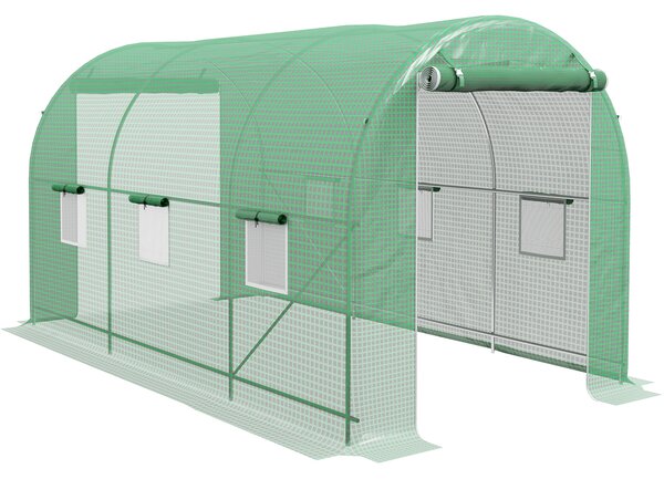 Outsunny Serra da Giardino Tunnel Superficie a Terra 8 m² 4L x 2l x 2,05H m telaio Tubolare Porta con Zip 6 Finestre Avvolgibili verde