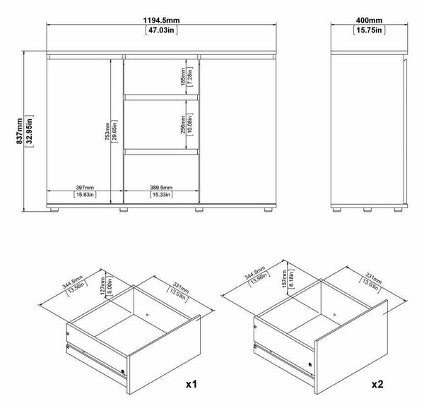 Credenza bianca 119x40x83h cm 2 ante e 3 cassetti - Zumpano