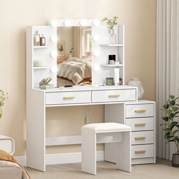 HOMCOM Tavolo da trucco con specchio illuminato e sgabello imbottito, set trucco con 6 cassetti e ripiani, bianco | Aosom Italy
