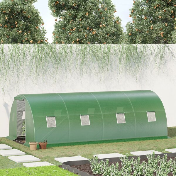Outsunny Serra da Giardino Tunnel 18 m² dim. 6L x 3l x 2H m - 8 Finestre, Porta con Zip Avvolgibile - Telaio Tubolare in Acciaio Zincato, Copertura PE Alta Densità Verde