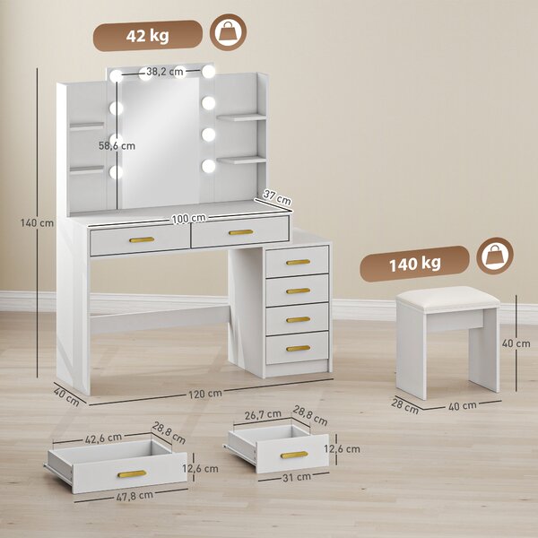 HOMCOM Tavolo da trucco con specchio illuminato e sgabello imbottito, set trucco con 6 cassetti e ripiani, bianco | Aosom Italy