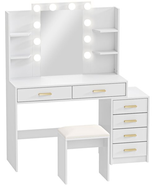 HOMCOM Tavolo da trucco con specchio illuminato e sgabello imbottito, set trucco con 6 cassetti e ripiani, bianco | Aosom Italy
