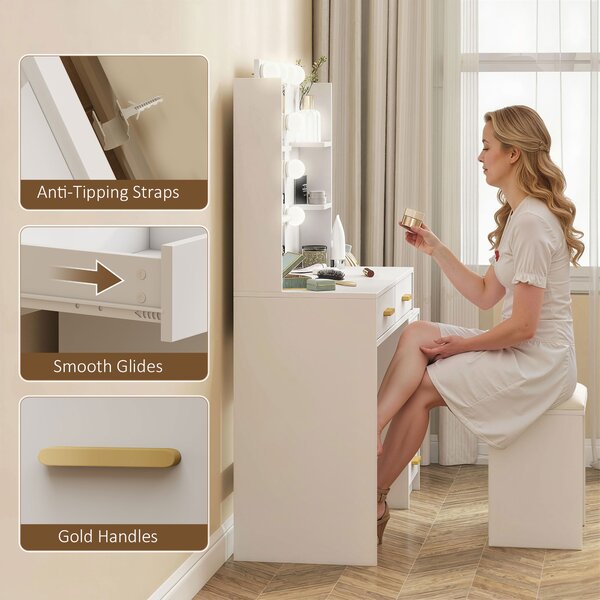HOMCOM Tavolo da trucco con specchio illuminato e sgabello imbottito, set trucco con 6 cassetti e ripiani, bianco | Aosom Italy