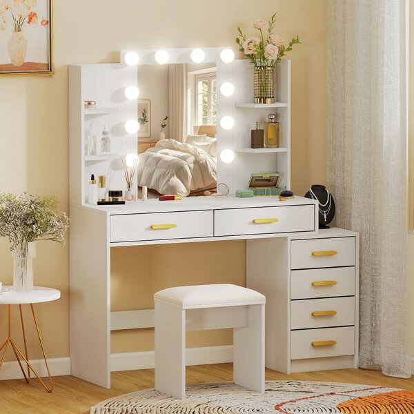 HOMCOM Tavolo da trucco con specchio illuminato e sgabello imbottito, set trucco con 6 cassetti e ripiani, bianco | Aosom Italy