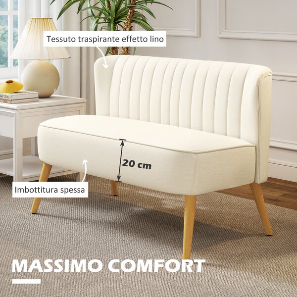 HOMCOM Divano 2 Posti in Tessuto Effetto Lino Senza Braccioli, Imbottito, Salvaspazio con Gambe in Caucciù, 117x56.5x77 cm, Crema | Aosom Italy