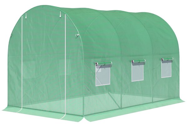 Outsunny Serra da Giardino Tunnel Superficie al Suolo 6 m² 3L x 2l x 2H m Telaio Tubolare Rinforzato Porta con Cerniera 6 Finestre Avvolgibili Verde