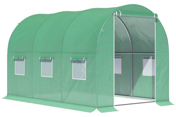 Outsunny Serra da Giardino Tunnel Superficie al Suolo 6 m² 3L x 2l x 2H m Telaio Tubolare Rinforzato Porta con Cerniera 6 Finestre Avvolgibili Verde