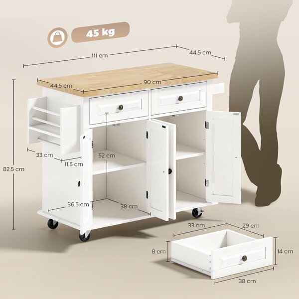 HOMCOM Carrello da Cucina in Legno Multifunzione Portavivande con Cassetti, Armadietti, Portaspezie e 4 Ruote,111x44.5x82.5cm, Bianco |Aosom