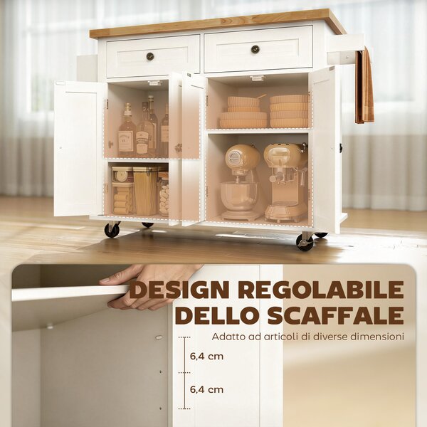 HOMCOM Carrello da Cucina in Legno Multifunzione Portavivande con Cassetti, Armadietti, Portaspezie e 4 Ruote,111x44.5x82.5cm, Bianco |Aosom