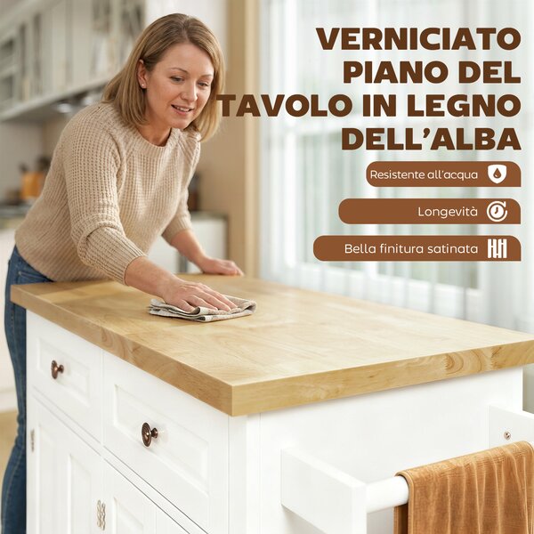 HOMCOM Carrello da Cucina in Legno Multifunzione Portavivande con Cassetti, Armadietti, Portaspezie e 4 Ruote,111x44.5x82.5cm, Bianco |Aosom