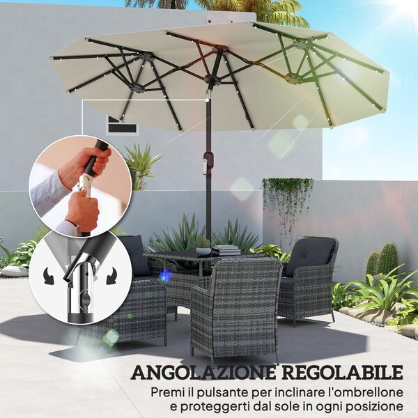 Outsunny Ombrellone Doppio da Giardino 2.92x1.5 m Inclinabile con 35 Luci LED Solari Manovella, Ombrellone da Giardino a 12 Stecche in Acciaio e Poliestere, per Cortile, Terrazza e Balcone, Beige | Aosom Italy