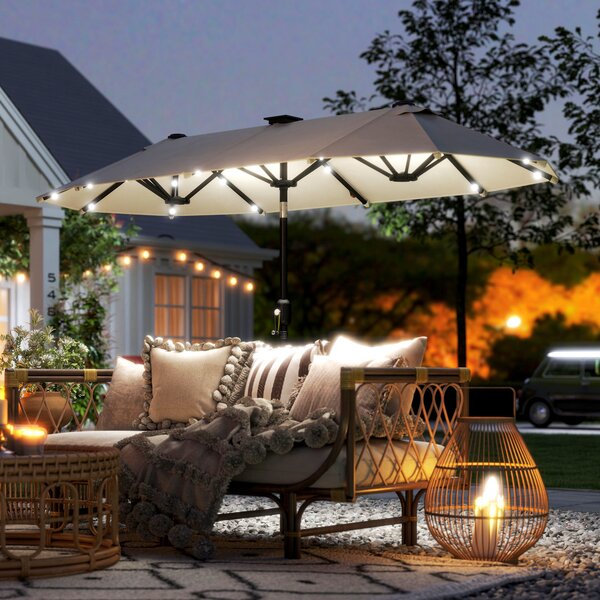 Outsunny Ombrellone Doppio da Giardino 2.92x1.5 m Inclinabile con 35 Luci LED Solari Manovella, Ombrellone da Giardino a 12 Stecche in Acciaio e Poliestere, per Cortile, Terrazza e Balcone, Beige | Aosom Italy
