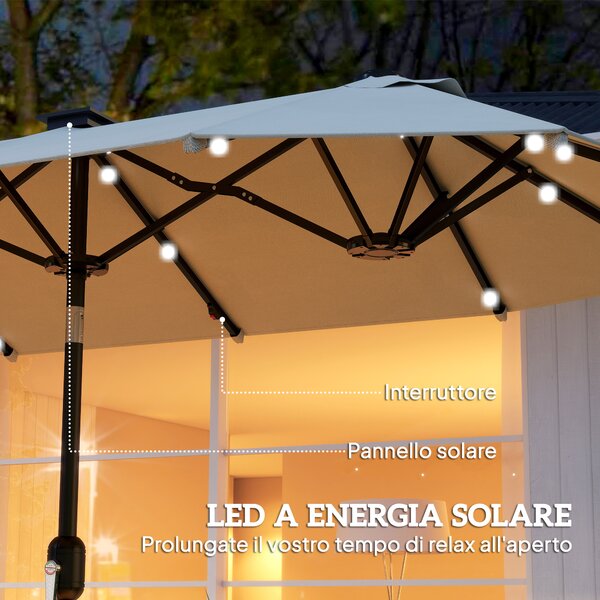 Outsunny Ombrellone Doppio da Giardino 2.92x1.5 m Inclinabile con 35 Luci LED Solari Manovella, Ombrellone da Giardino a 12 Stecche in Acciaio e Poliestere, per Cortile, Terrazza e Balcone, Beige | Aosom Italy