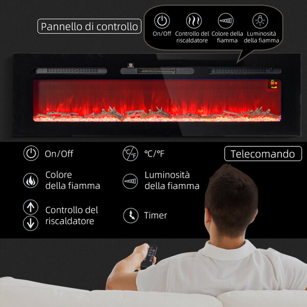 HOMCOM Camino Elettrico 1800W Regolabile con Telecomando, in Acciaio e Vetro Temperato, 152.4x15.8x45 cm, Nero