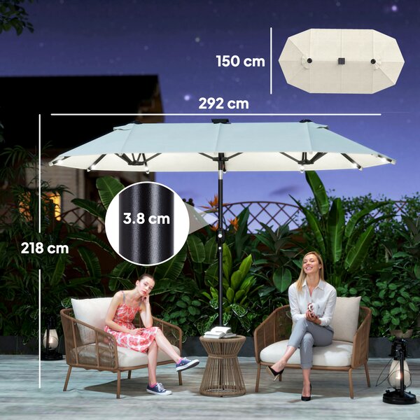 Outsunny Ombrellone Doppio da Giardino 2.92x1.5 m Inclinabile con 35 Luci LED Solari Manovella, Ombrellone da Giardino a 12 Stecche in Acciaio e Poliestere, per Cortile, Terrazza e Balcone, Beige | Aosom Italy