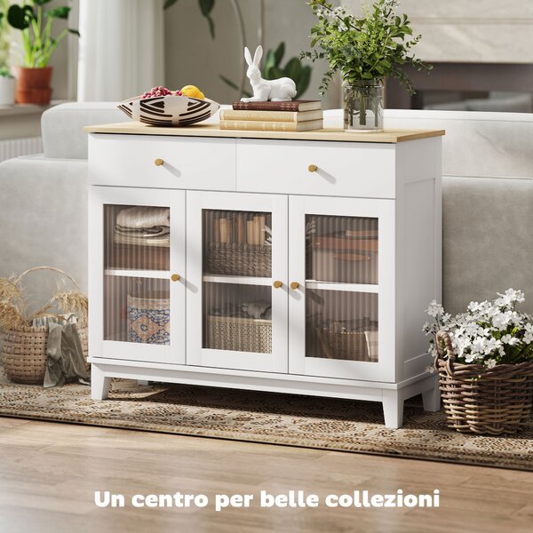 HOMCOM Credenza Cucina con 2 Armadietti e 2 Cassetti, Ante in Vetro Temperato Scanalato, Credenza Buffet Soggiorno con e Ripiani Regolabili, per Sala da Pranzo, 100x35x80.3 cm, Bianco e Rovere | Aosom Italy