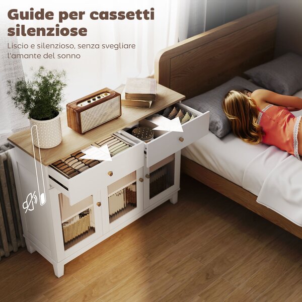 HOMCOM Credenza Cucina con 2 Armadietti e 2 Cassetti, Ante in Vetro Temperato Scanalato, Credenza Buffet Soggiorno con e Ripiani Regolabili, per Sala da Pranzo, 100x35x80.3 cm, Bianco e Rovere | Aosom Italy
