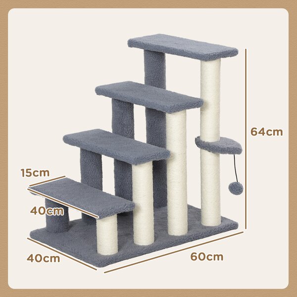 PawHut Scala per Gatti a 4 Livelli Coperto di Morbida Franela Palo di Sisal Palla Appesa 60x40x64 cm Grigio | Aosom Italy