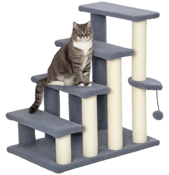 PawHut Scala per Gatti a 4 Livelli Coperto di Morbida Franela Palo di Sisal Palla Appesa 60x40x64 cm Grigio | Aosom Italy