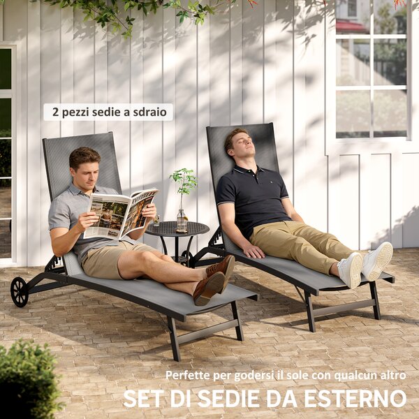 Outsunny Set di 2 Lettini Prendisole da Giardino con Ruote e Schienale Regolabile su 5 Livelli, Sdraio da Giardino in Alluminio e Texteline, per Spiaggia, Piscina, 66x165x102cm, Grigio Scuro | Aosom Italy