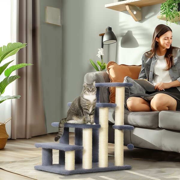 PawHut Scala per Gatti a 4 Livelli Coperto di Morbida Franela Palo di Sisal Palla Appesa 60x40x64 cm Grigio | Aosom Italy