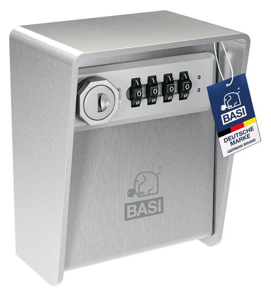 BASI - SSZ 350 - Cassaforte per chiavi in acciaio inox da 3 mm - 2 ganci per chiavi - combinazione a 4 cifre regolabile - 1 chiave di emergenza - per montaggio a parete incl. 2 tasselli - 2101-0015