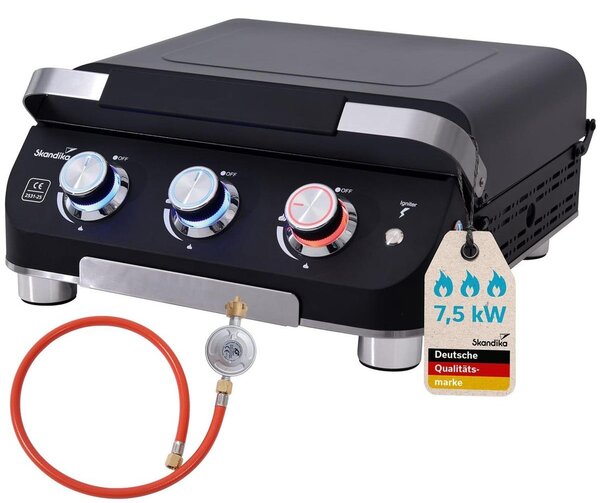 Piastra grill a gas - 3 bruciatori - Con coperchio - 3 x 2,5 kW - Griglia da tavolo, ideale per campeggio e balcone