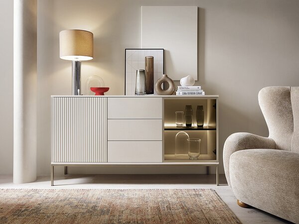 Credenza 2 ante e 3 cassetti con LED in MDF e Vetro fumé Beige e Nero OVILA