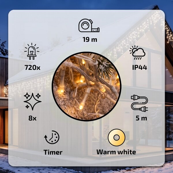 BRILAGI - Catena luminosa natalizia LED da esterno 720xLED/8 funzioni 24m IP44 bianco caldo a stalattiti