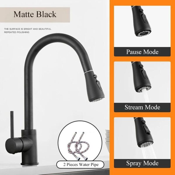 Miscelatore per cucina – Miscelatore estraibile per lavello – Girevole a 360° – Miscelatore monocomando – Acqua calda e fredda – Ottone – Nero opaco