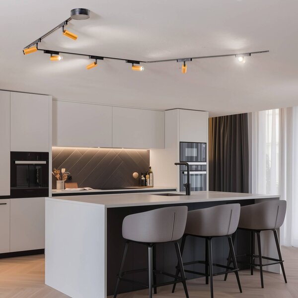 Sistema di binari Lumaro, faretti, a 7 luci, oro, Ø4cm,48V,dimmerabile Lumaro 48V Lindby, dimmerabile, Nero, Soggiorno / Sala da pranzo, Alluminio, Moderno