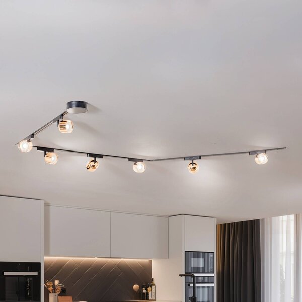 Sistema a binario Lumaro, faretti, 7 luci, oro, Ø8cm,48V,dimmerabile Lumaro 48V Lindby, dimmerabile, Nero, Soggiorno / Sala da pranzo, Plastica, Moderno