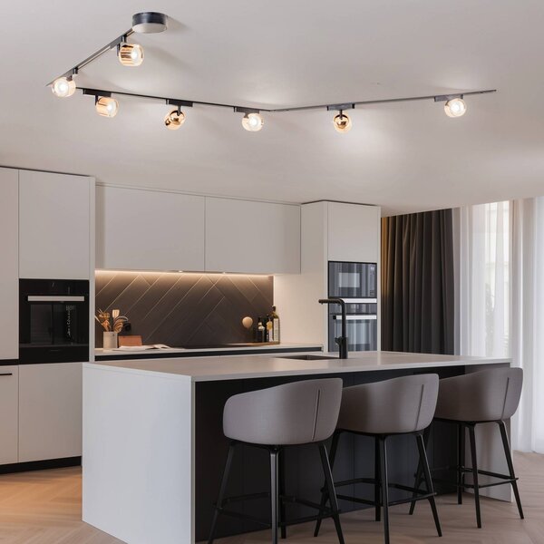 Sistema a binario Lumaro, faretti, 7 luci, oro, Ø8cm,48V,dimmerabile Lumaro 48V Lindby, dimmerabile, Nero, Soggiorno / Sala da pranzo, Plastica, Moderno