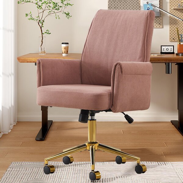 Sedia da ufficio ergonomica con schienale medio-alto – Sedia da ufficio rosa, rivestimento in velluto a coste, regolabile in altezza, 64x61x107 cm, per lavoro, studio e relax