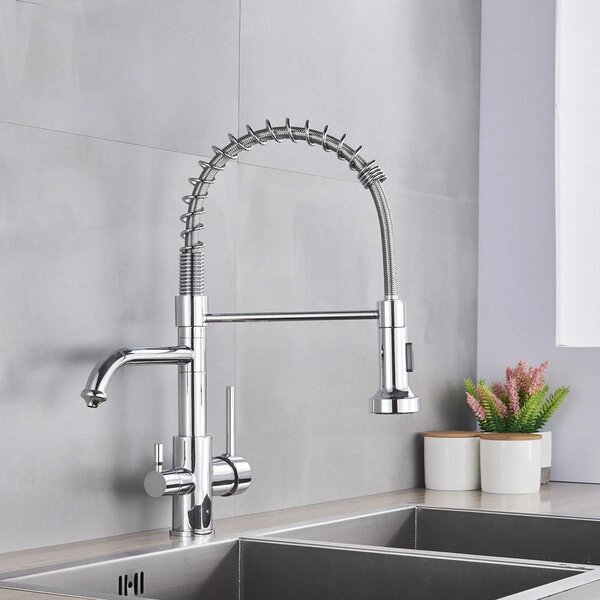 Rubinetto da cucina con filtro dell'acqua - Miscelatore a 3 vie - Bocchetta girevole a 360° - Doccetta estraibile - Acqua calda e fredda - Cromato